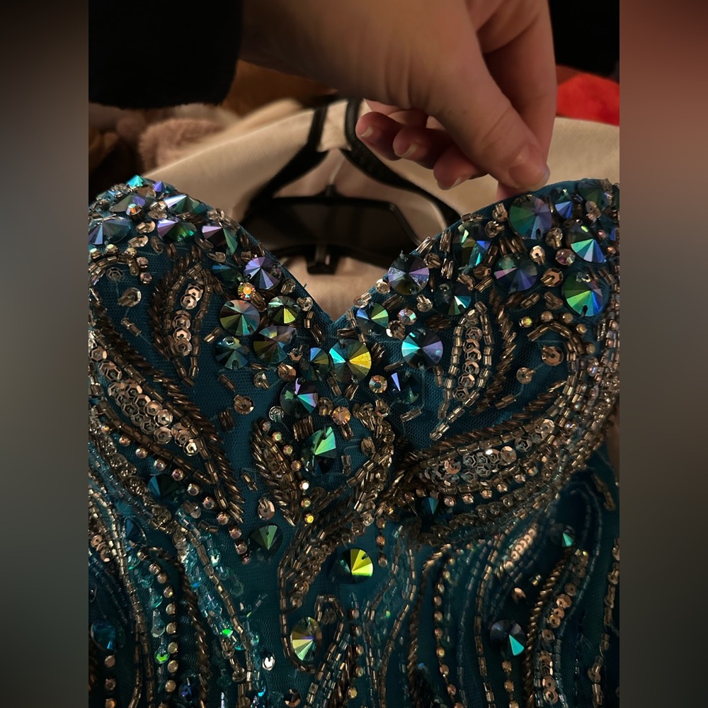 Blue dress with crystals on the bodice